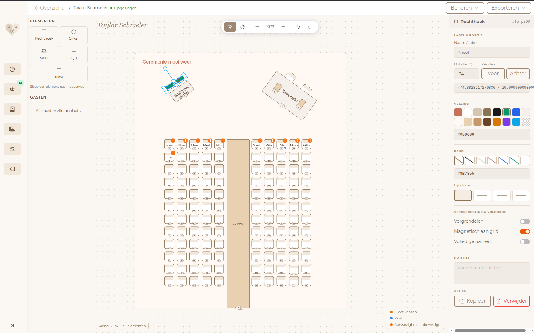 Plattegrond-editor van BruiloftBuddy: gasten toewijzen aan stoelen in de zaal