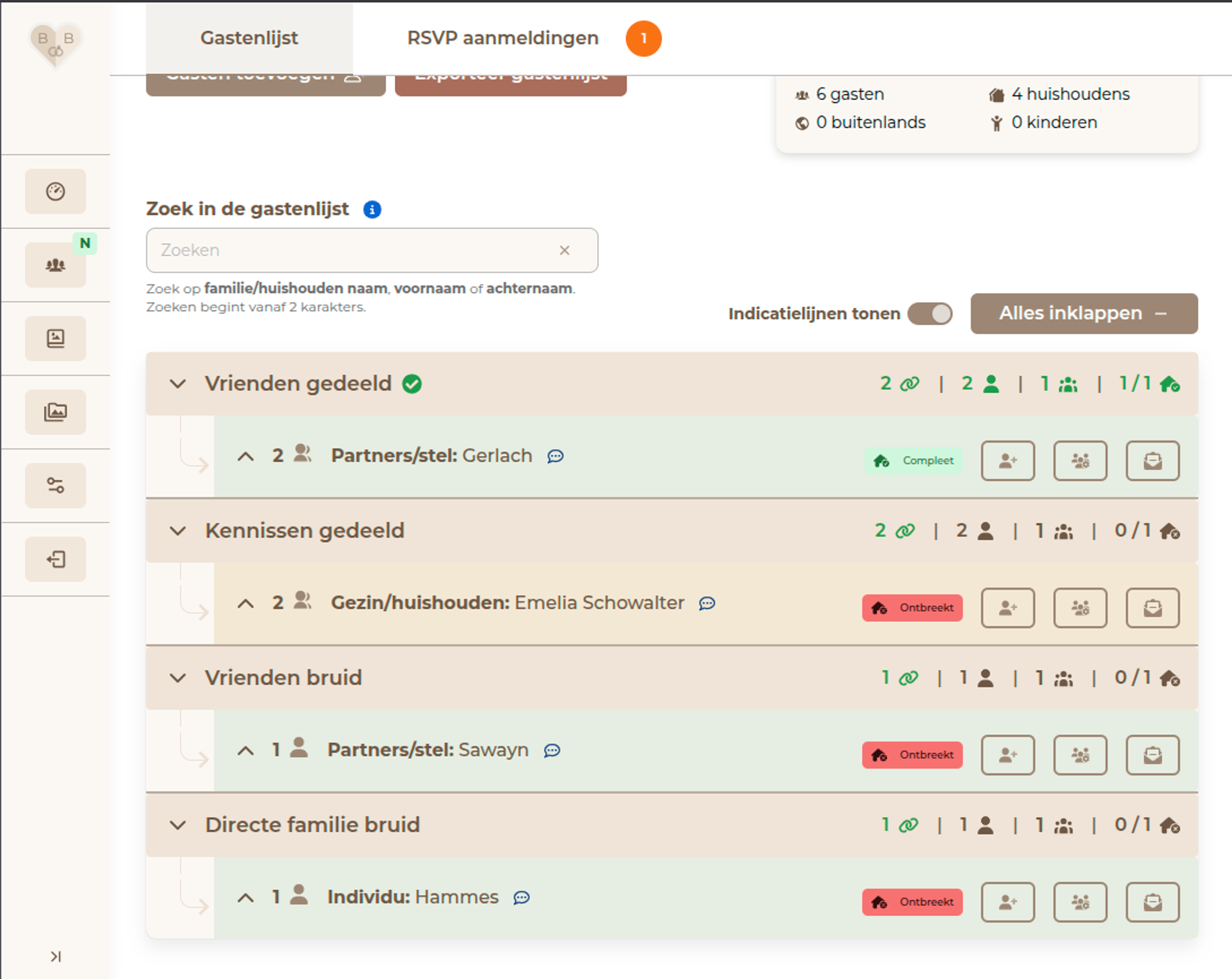 Gastenlijst in BruiloftBuddy gegroepeerd per groep, met de RSVP-status per huishouden