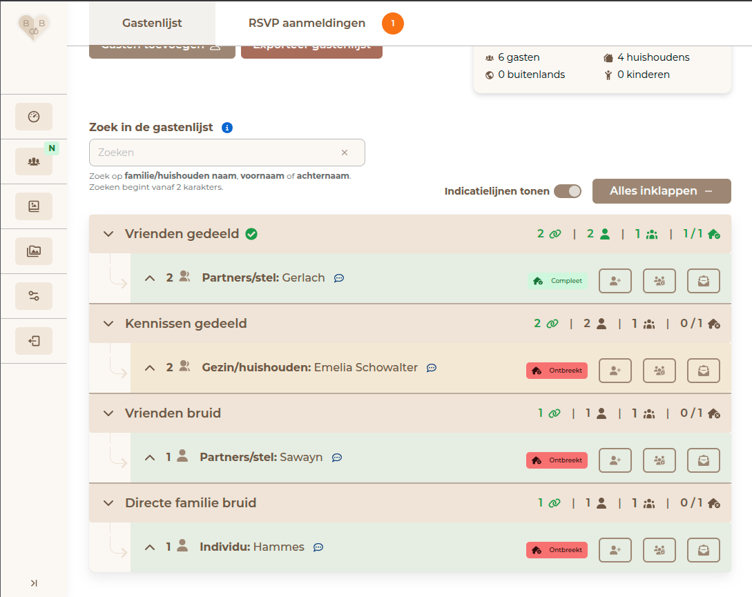 Gastenlijst in BruiloftBuddy gegroepeerd per groep, met de RSVP-status per huishouden