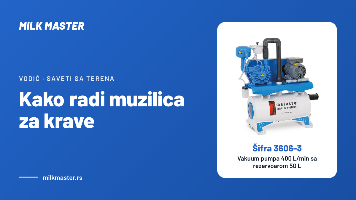 Naslovna slika teksta „Kako radi muzilica za krave: vakuum, pulsator i muzna jedinica jednostavno“, na slici Vakuum pumpa 400 L/min sa rezervoarom 50 L, šifra 3606-3