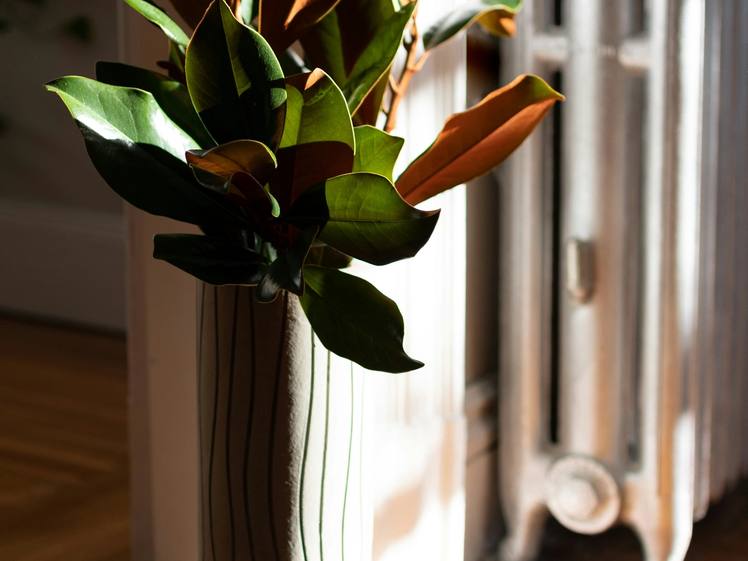 A vase of magnolia leaves on a wooden floor beside a radiator