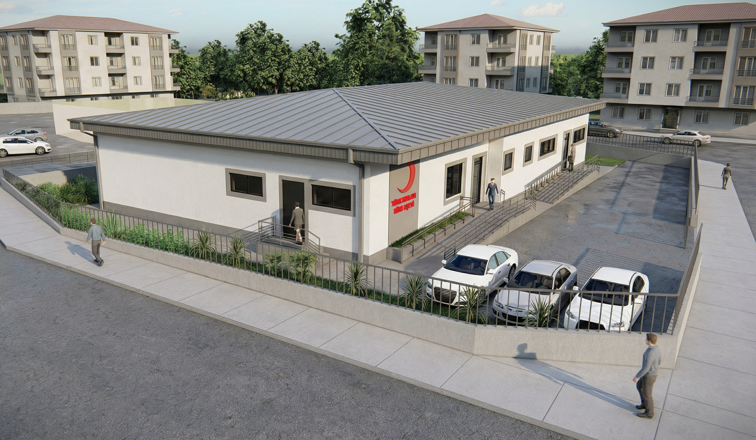 Siirt'teki Türk Kızılayı için yapılan Aşevi projesinin farklı açıdan render görselleri.