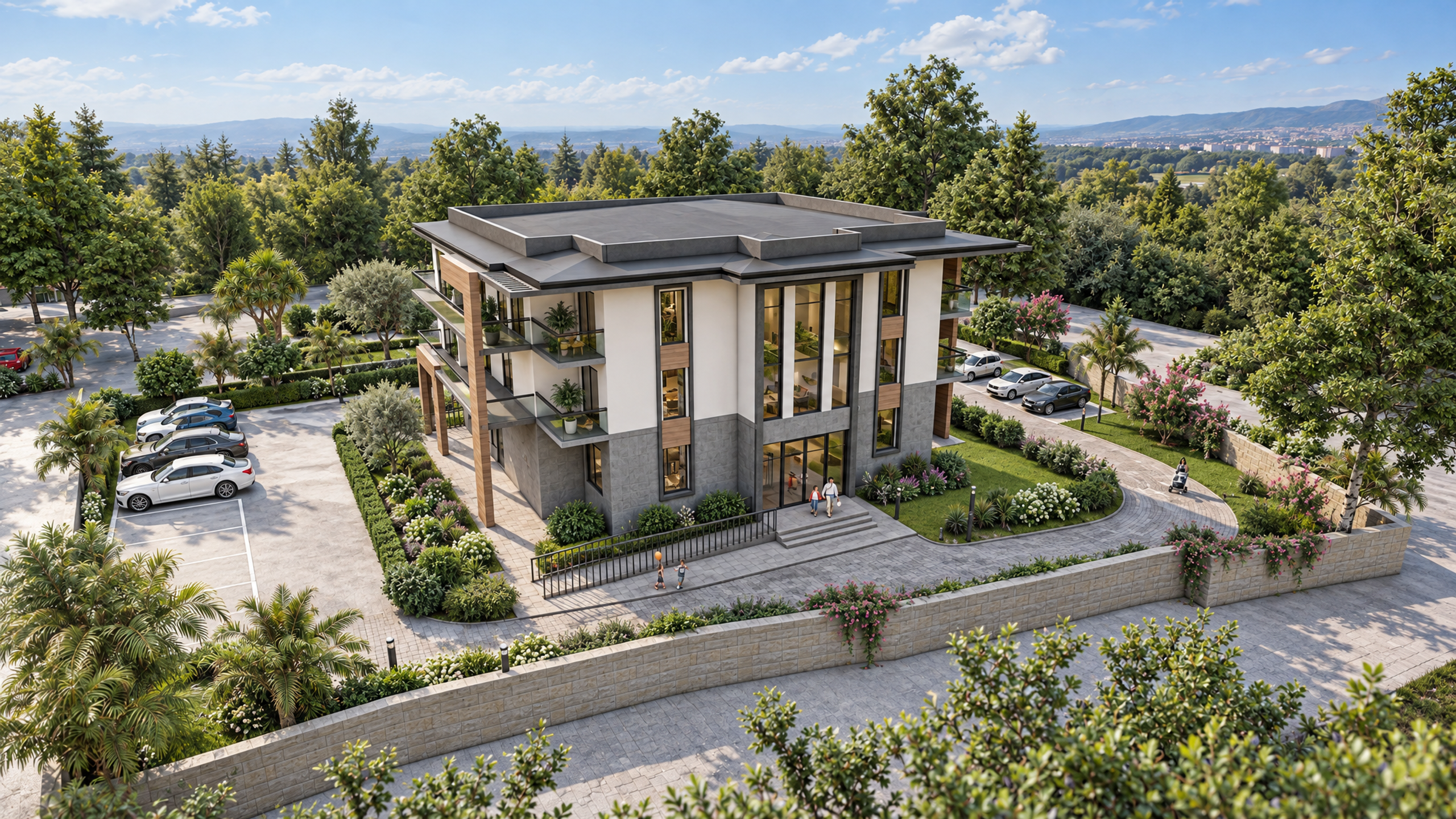 Orman İşletme Müdürlüğü için inşa edilen idari binanın farklı açılardan render görselleri.