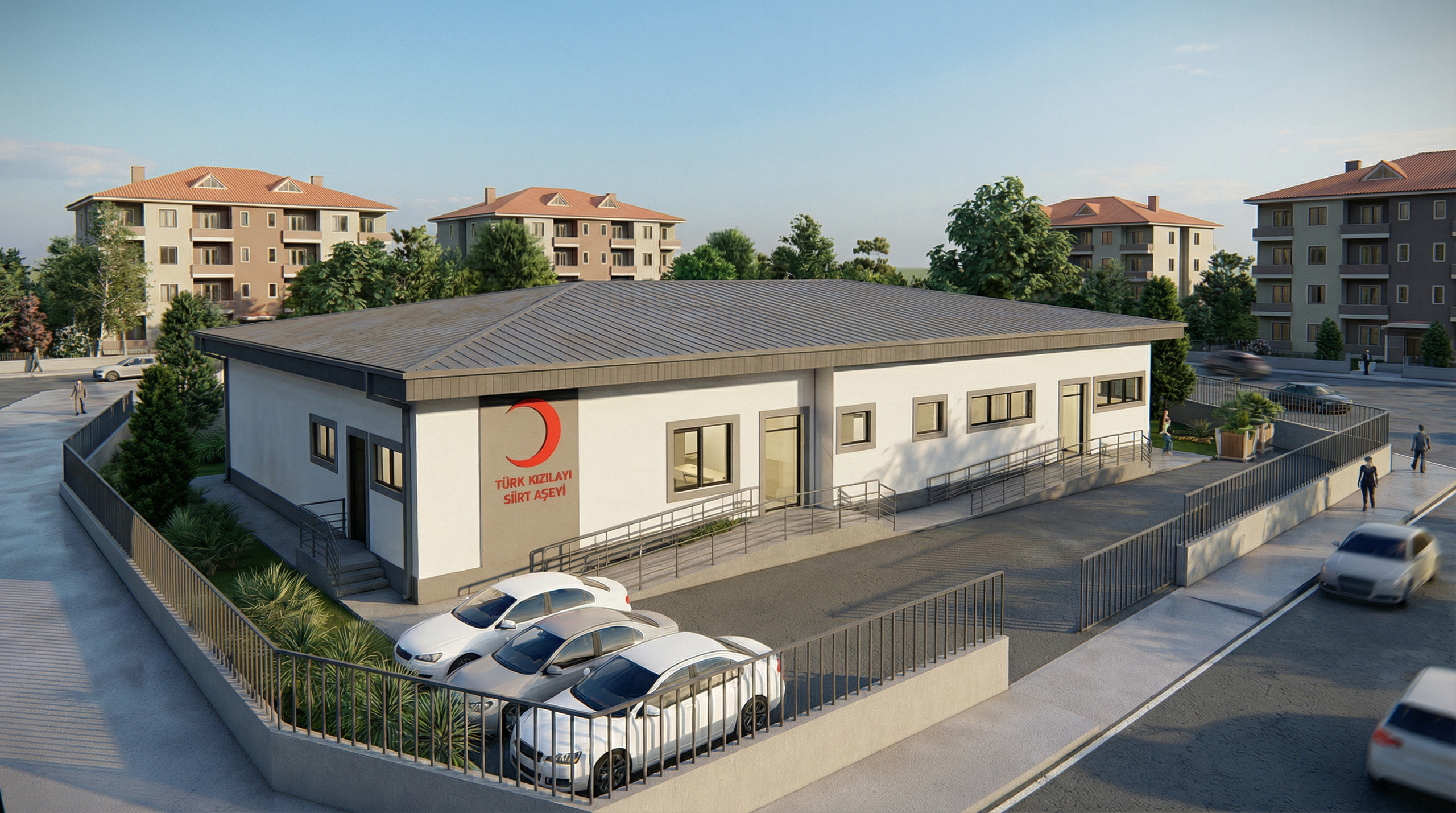 Siirt'teki Türk Kızılayı için yapılan Aşevi projesinin farklı açıdan render görselleri.