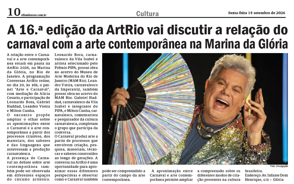 A 16.ª edição da ArtRio vai discutir a relação do carnaval com a arte contemporânea na Marina da Glória