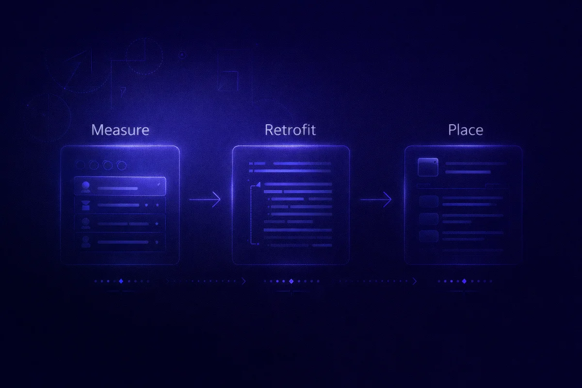 Diagram showing the three pillars of a genuine AEO agency: share-of-answer measurement, on-page retrofit, and third-party placements