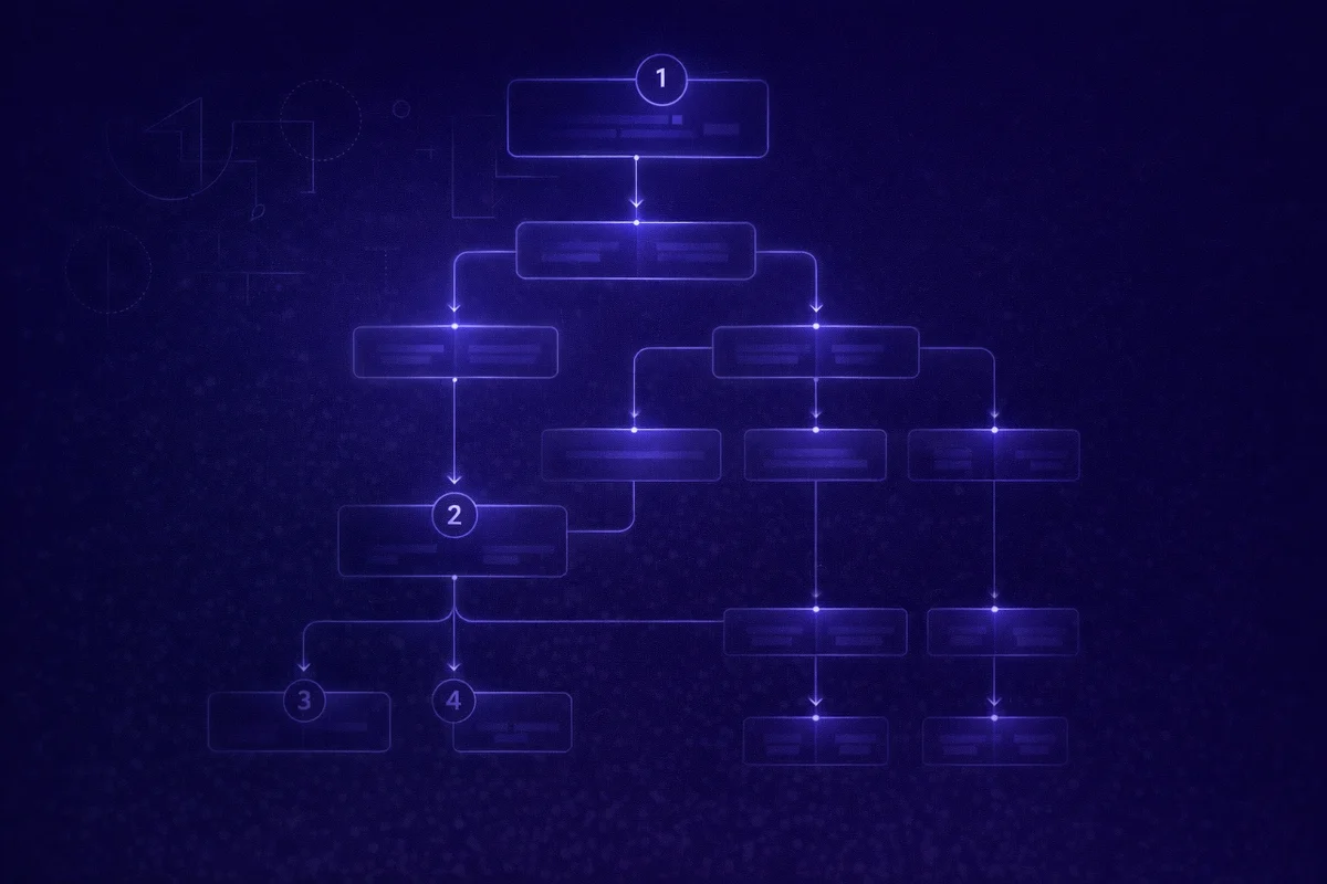 Decision-tree diagram guiding a B2B SaaS buyer through four sequential questions to identify the right AEO agency: share-of-answer baseline, gap type, stage and budget, and internal capacity