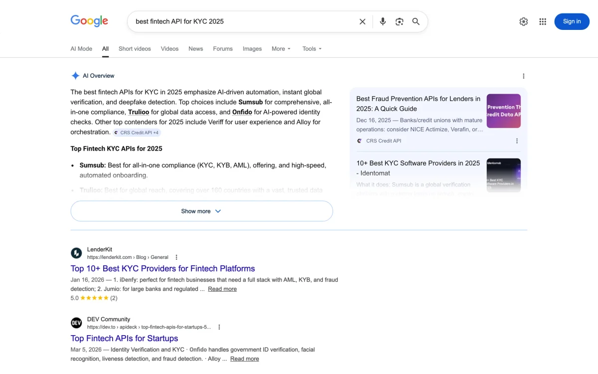 Google AI Overview for 'best fintech API for KYC' naming vendors above organic results, illustrating the kind of answer placement a share-of-answer audit tracks