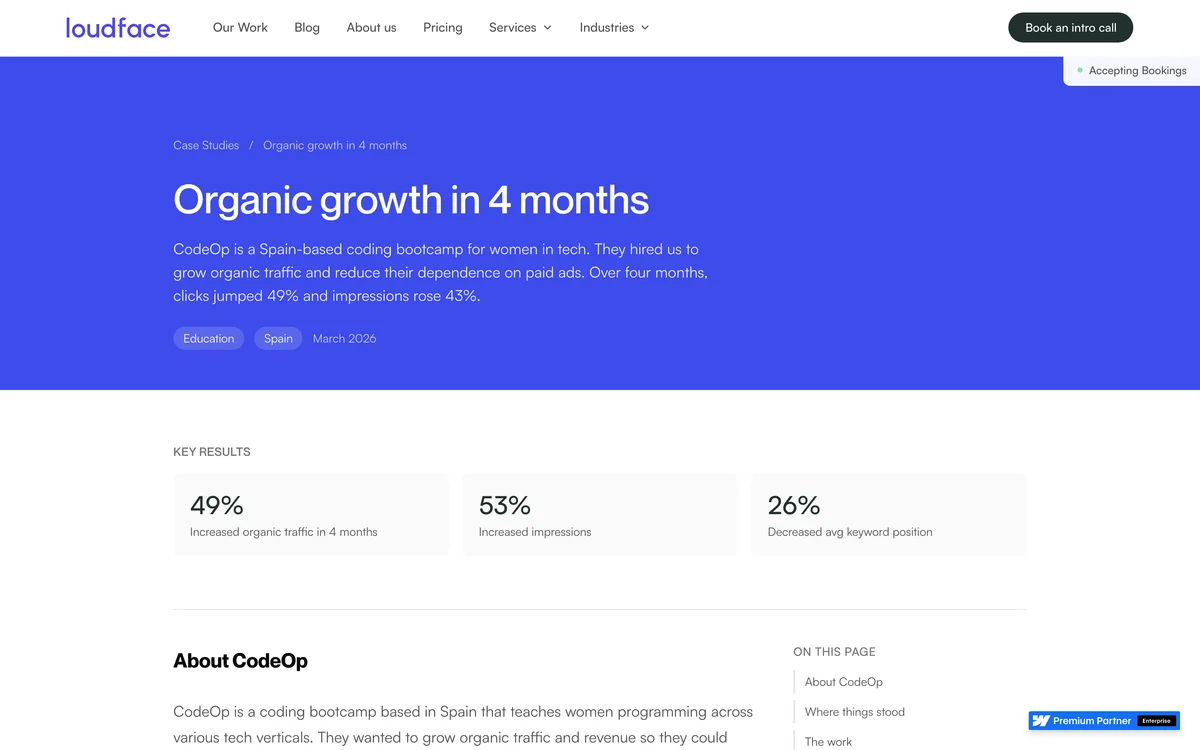 LoudFace case study for CodeOp showing a +49% organic traffic lift over 4 months on a headless Sanity plus Next.js build