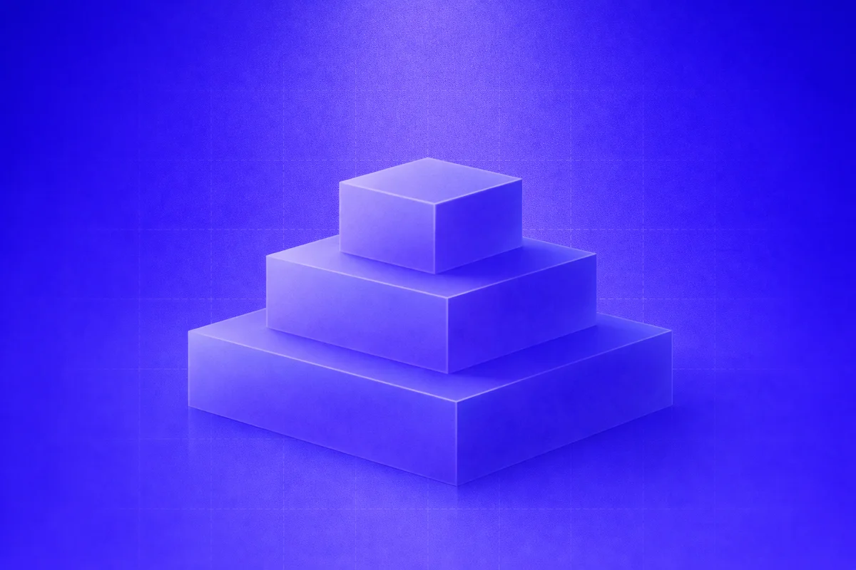 A three-tier stacked sculpture standing in for the three intent tiers of a share-of-answer audit — category discovery, comparison, and validation