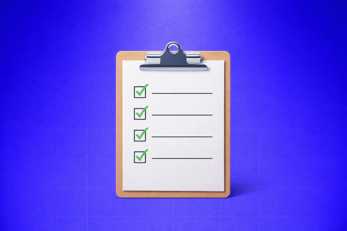 A 3D checklist clipboard with four ticked boxes, representing the four questions a buyer should answer before hiring an AEO agency