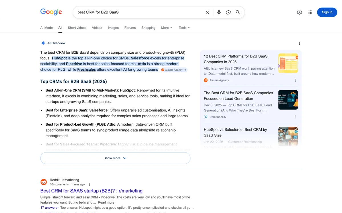 Google Search results page for 'best CRM for B2B SaaS' showing an AI Overview answer block naming specific products above the traditional organic blue links