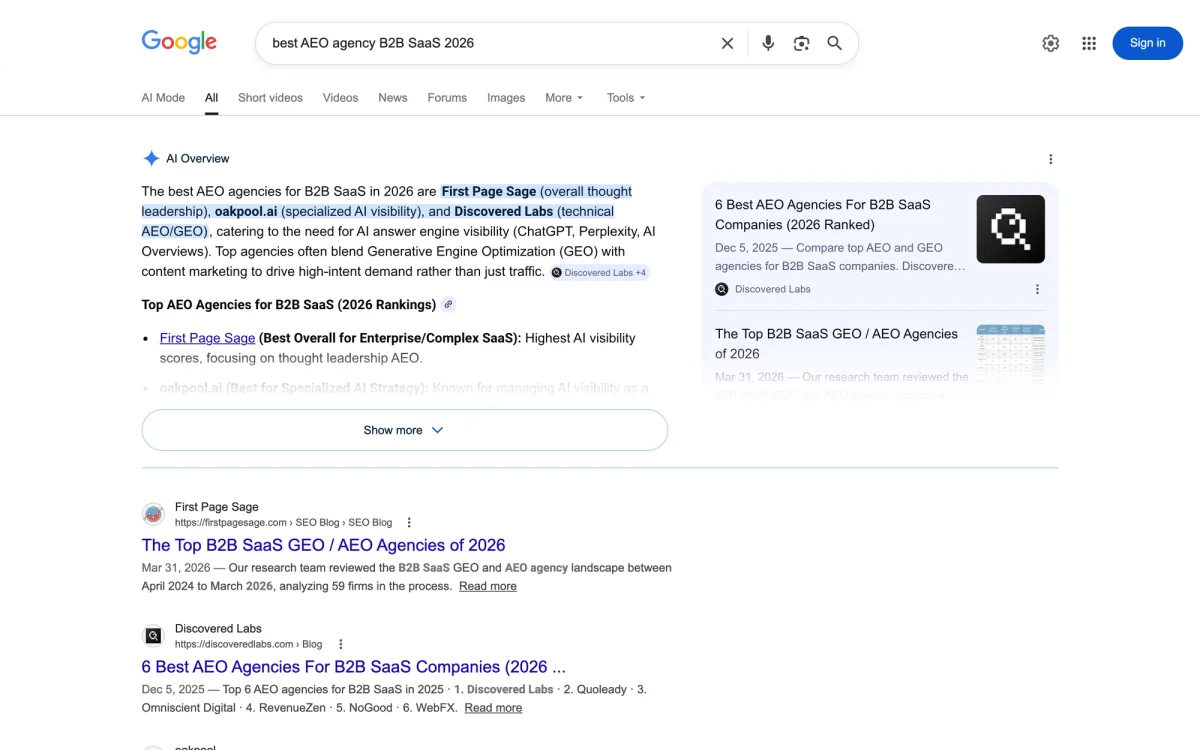 Google Search results page for 'best AEO agency B2B SaaS 2026' showing AI Overview panel and top organic results