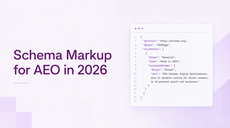 Editorial hero illustration for schema markup AEO article showing JSON-LD code panel extracted by ChatGPT, Perplexity, Claude, and Google AI Overviews.