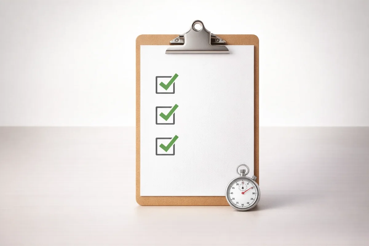 A clipboard with three ticked checkboxes beside a small stopwatch, placed on a plain desk, representing the three phases of the first 90 days