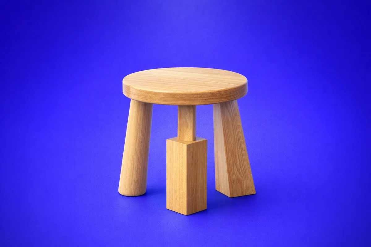 A 3D three-legged wooden stool centered in the frame, representing the three pillars of a real AEO practice