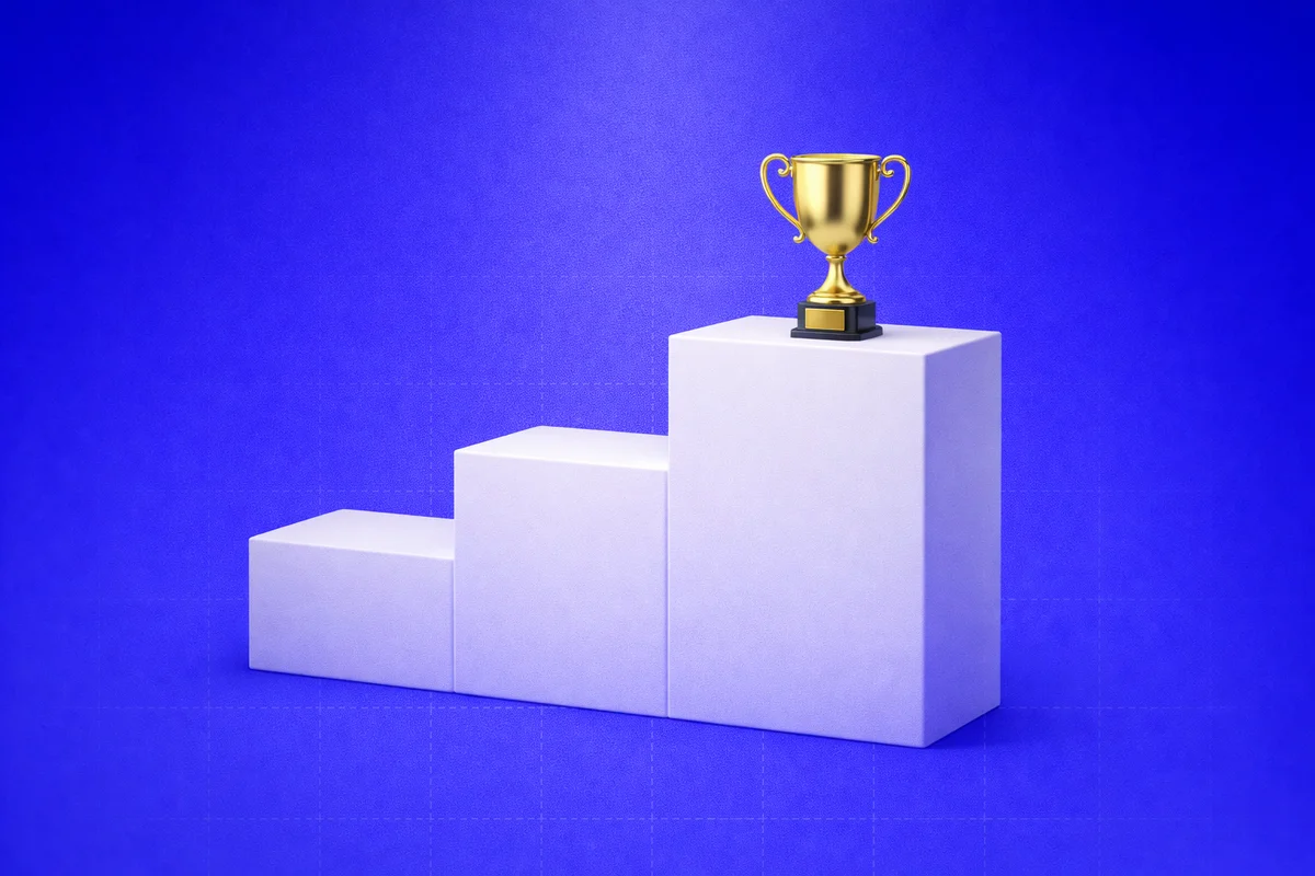 A three-tier podium with the top step holding a small trophy and the lower two steps empty — a visual stand-in for the brand missing from AI category answers while competitors get named