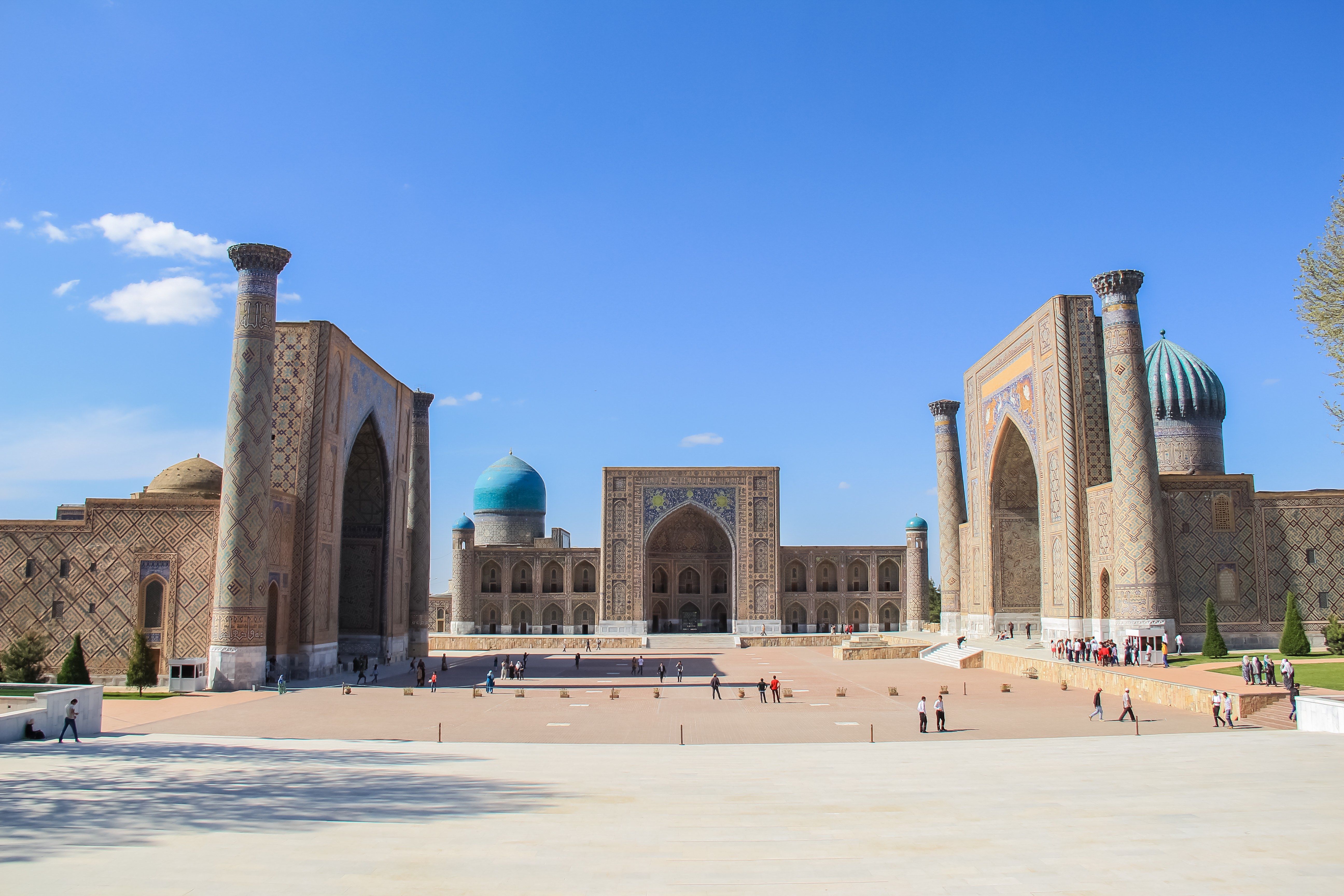 Registan Square in Samarkand, Uzbekistan: UNESCO World Heritage site with magnificent madrasas and blue domes.
