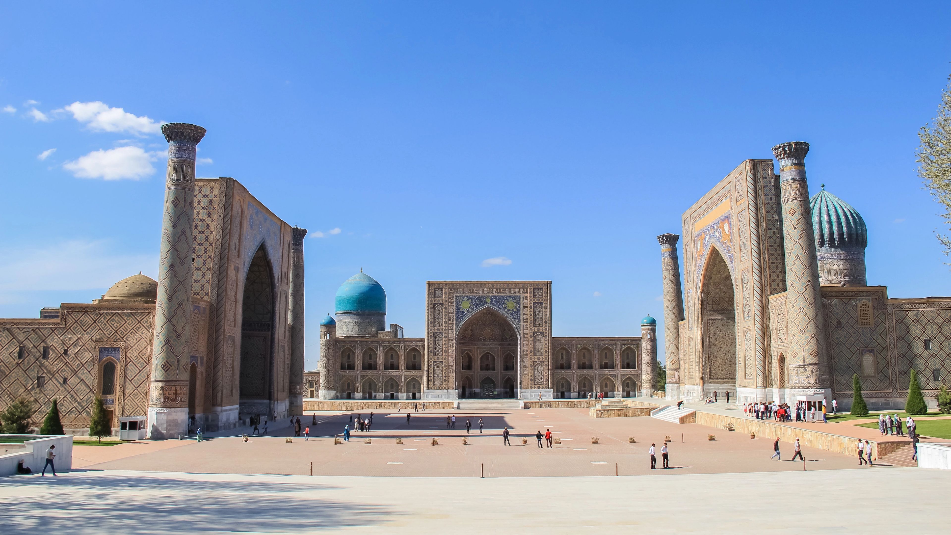 Registan Square in Samarkand, Uzbekistan: UNESCO World Heritage site with magnificent madrasas and blue domes.