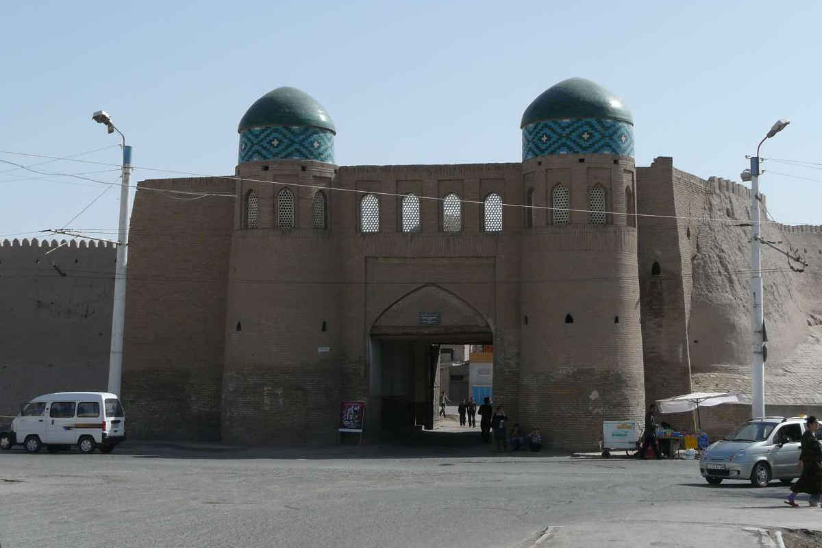 Bagcha Darwaza Gate in Khiva, Uzbekistan: Historic city gate with two blue domes as a UNESCO landmark.