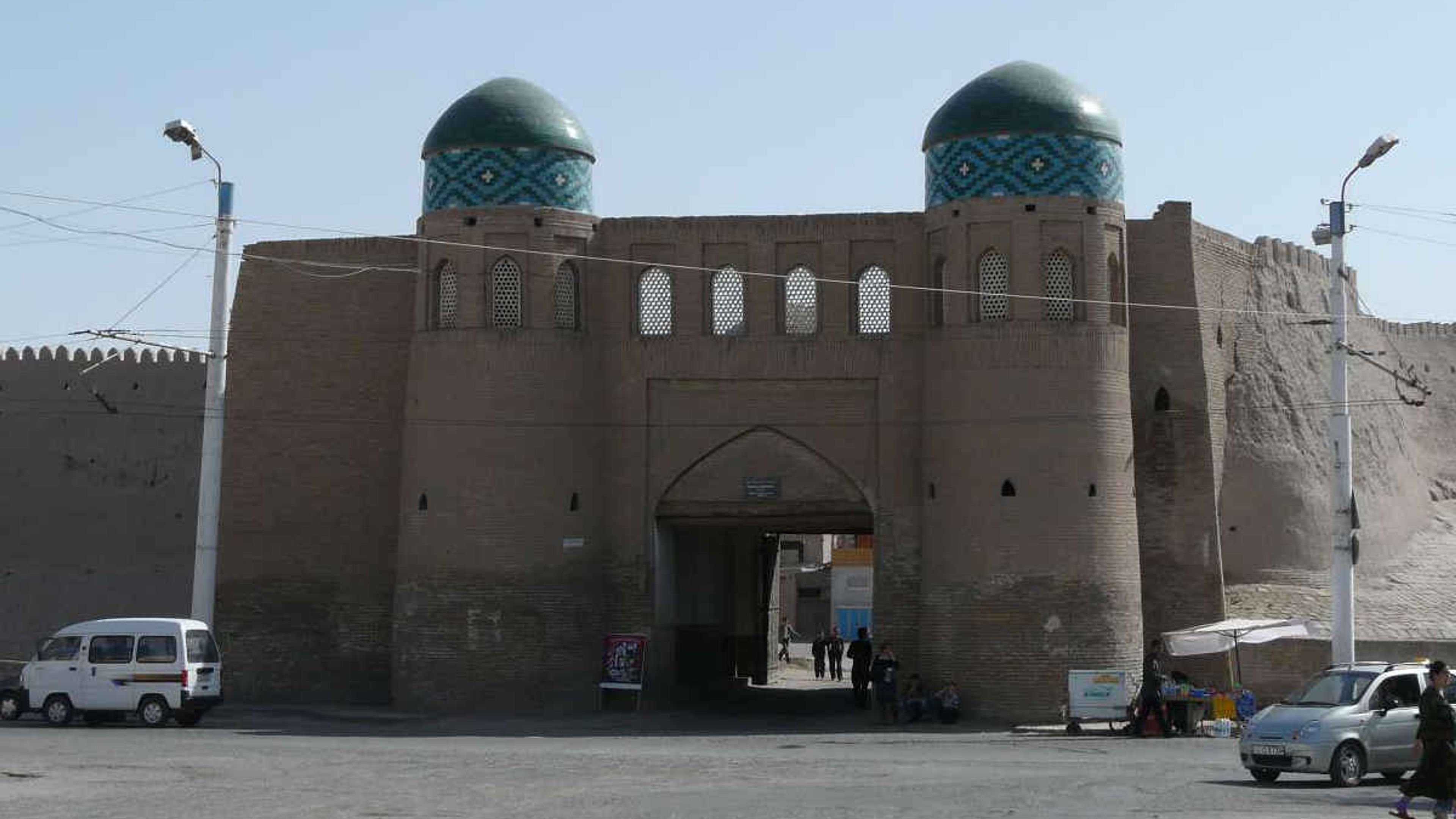 Bagcha Darwaza Gate in Khiva, Uzbekistan: Historic city gate with two blue domes as a UNESCO landmark.