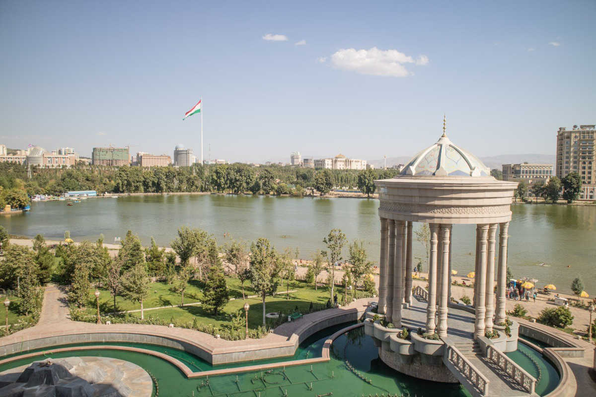 View of Komsomol Lake and park in Dushanbe during a Tajikistan tour with Turkestan Travel.