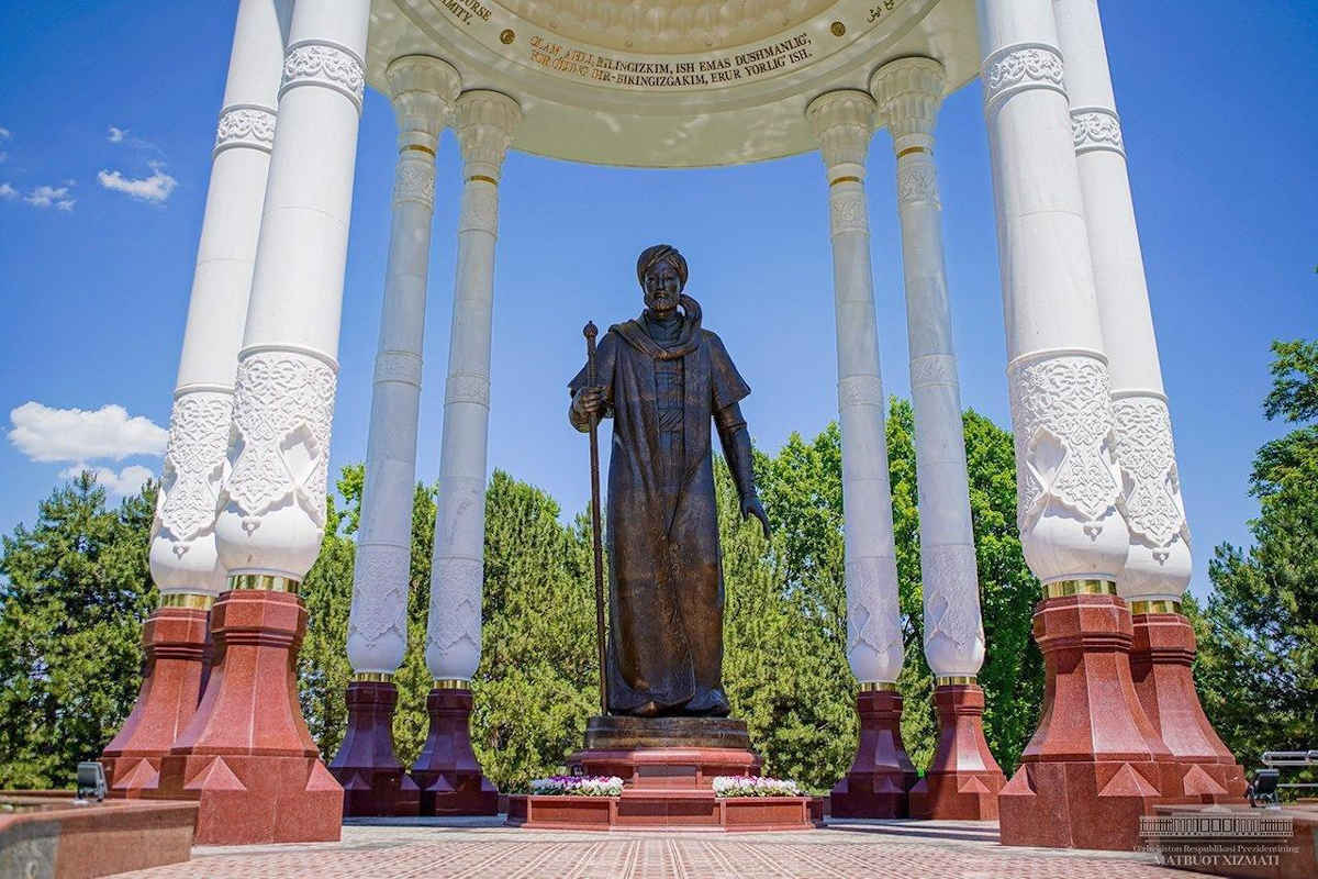 Alisher Navoi monument under a white pavilion in Tashkent, Uzbekistan Central Asia travel
