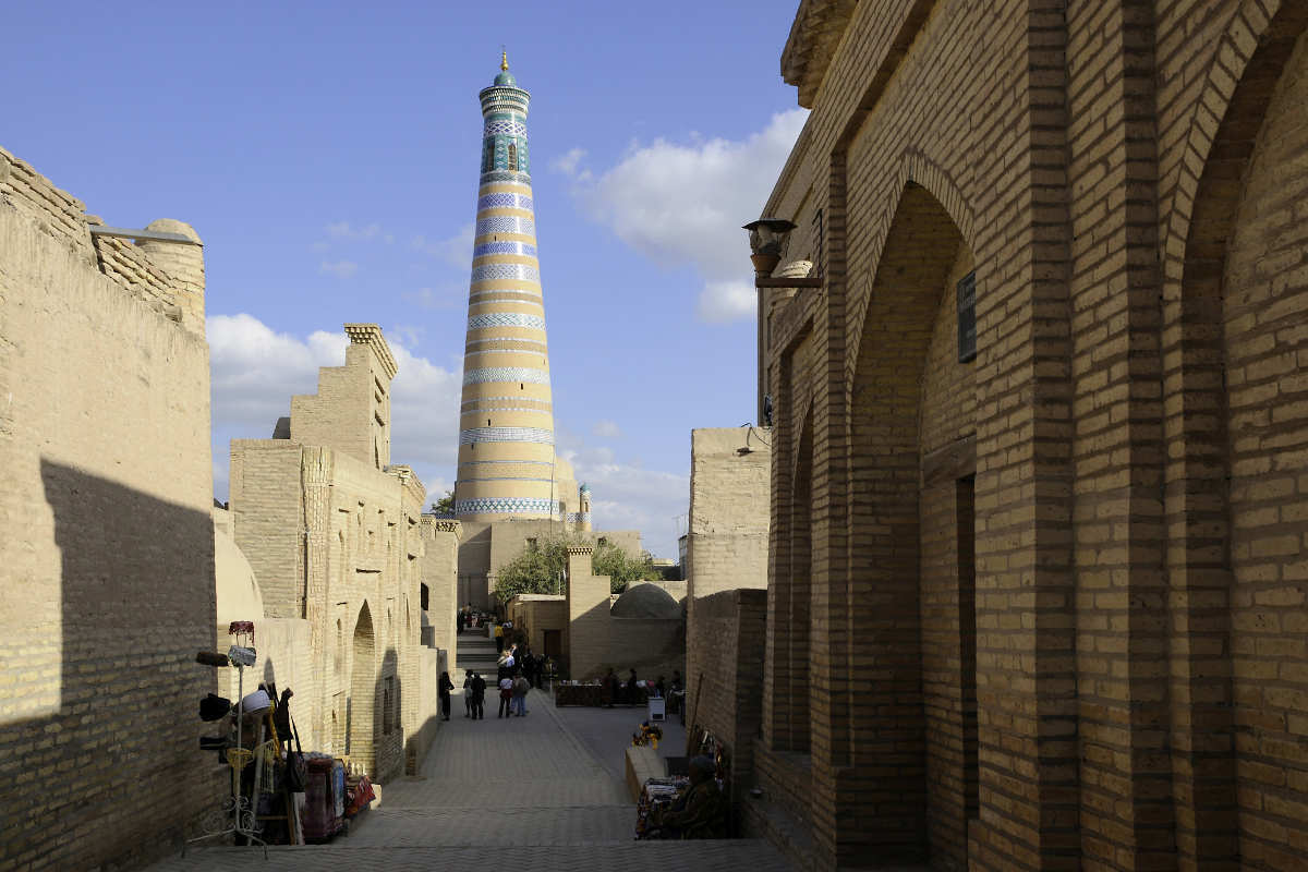 Islam Khodja Minaret in Khiva, Uzbekistan: UNESCO landmark and historic architecture in the ancient Itchan Kala walled city.
