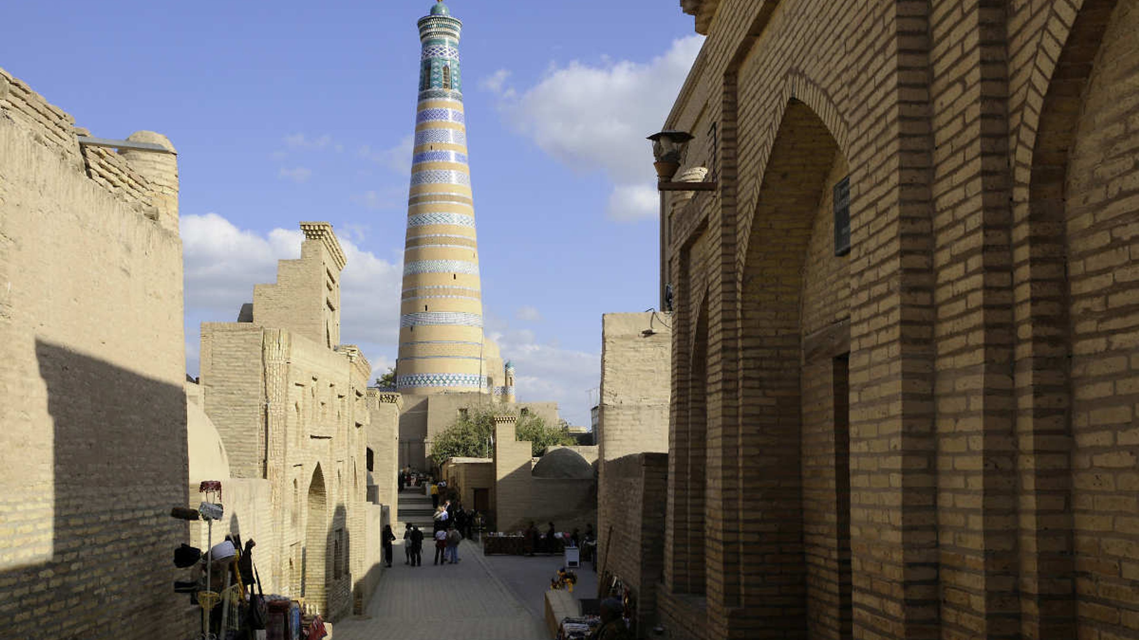 Islam Khodja Minaret in Khiva, Uzbekistan: UNESCO landmark and historic architecture in the ancient Itchan Kala walled city.
