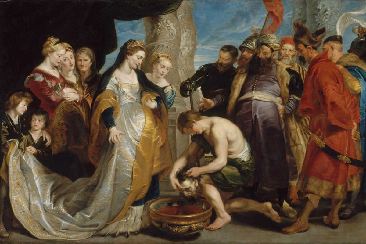 Painting of Queen Tomyris of the Massagetae in Central Asia plunging Cyrus's head into blood.