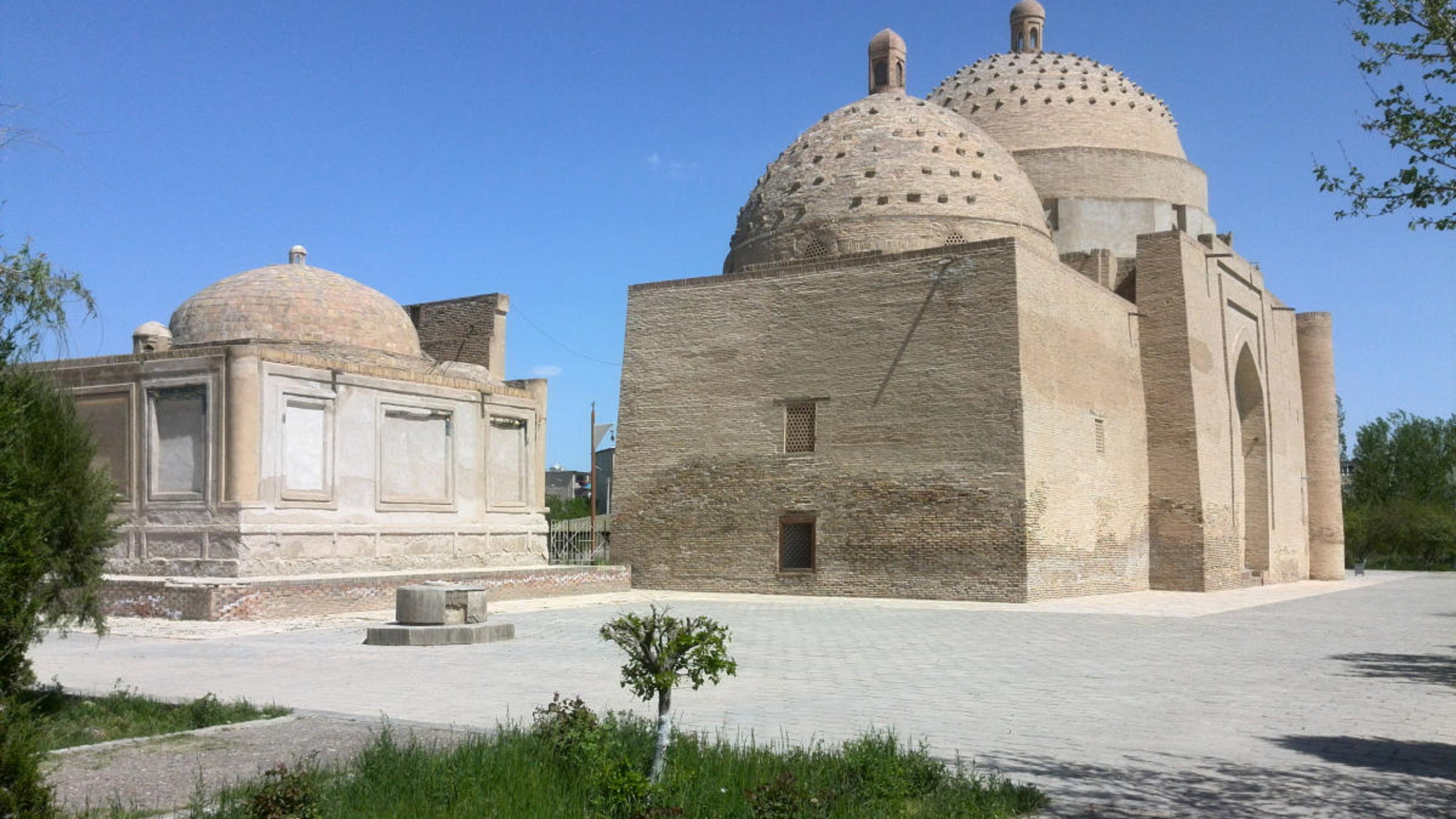 Sayf ad-Din Baharzi Mausoleum in Bukhara, Uzbekistan, historical landmark with domes.