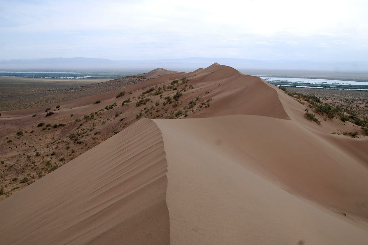 View of the Singing Dune in Altyn Emel National Park near Almaty, Kazakhstan, a popular tourist attraction.