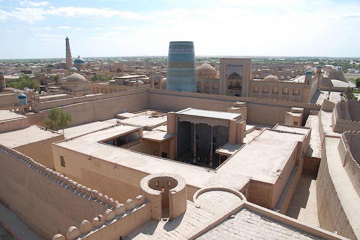 Aerial view of the Amin Khan Madrassah and UNESCO heritage in Khiva, Uzbekistan.