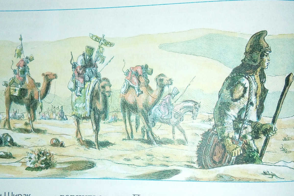 Illustration of the Legend of Schirak in Central Asia: Saka warriors and camels in the desert.