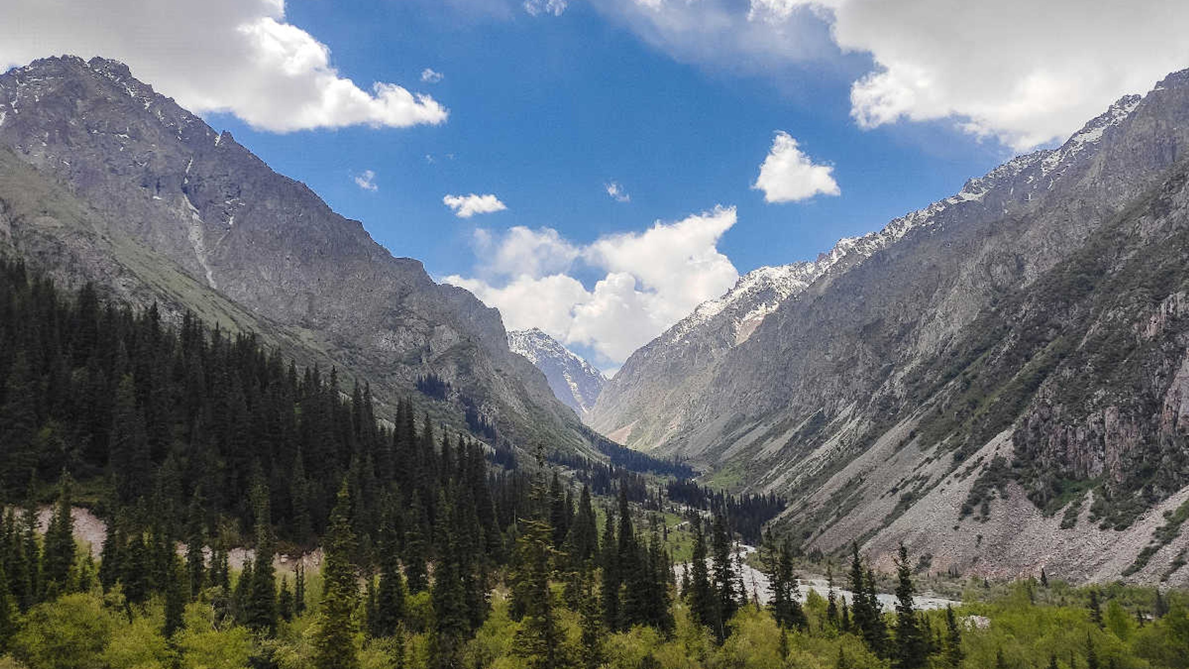 Vista della Gola di Ala Archa vicino a Bishkek, Kirghizistan. Montagne maestose e foreste di pini come attrazione turistica.