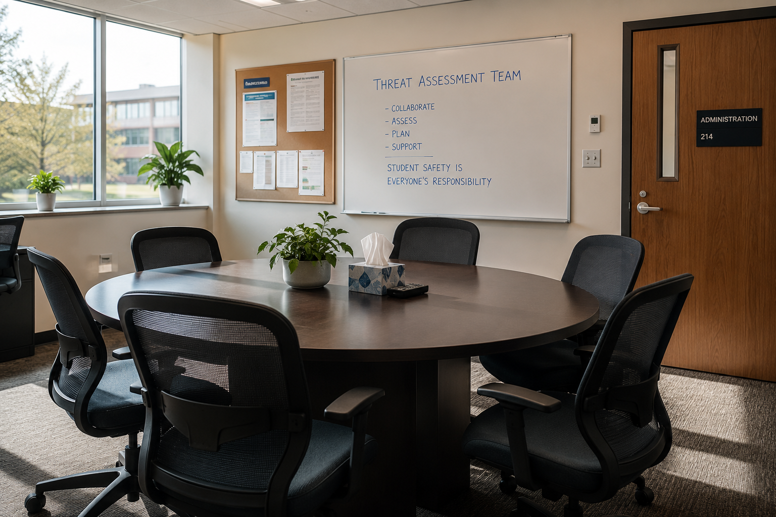 Interior of a school administrative office or threat assessment team meeting room with round - Ark Strategic, Inc.