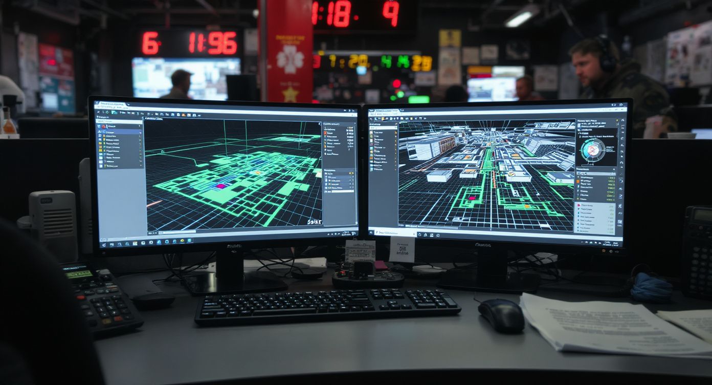 Emergency operations center command desk with dual monitors displaying digital mapping interface - Ark Strategic, Inc.