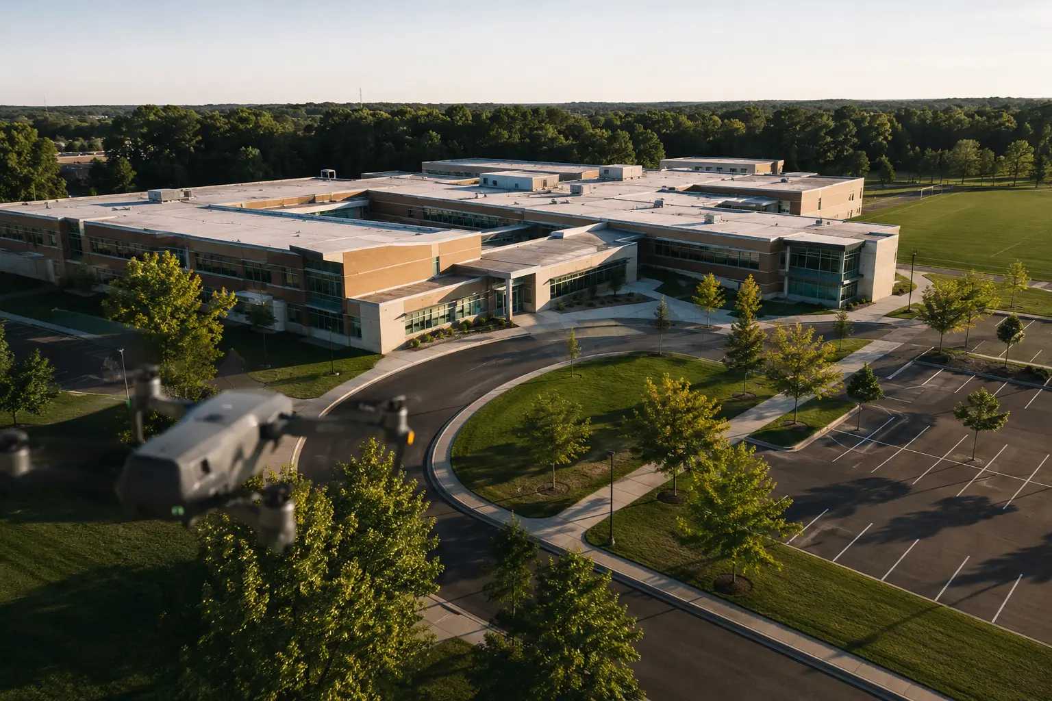 Aerial view of a K-12 school campus at golden hour with a survey drone in the foreground capturing the building exterior - Ark Strategic, Inc.