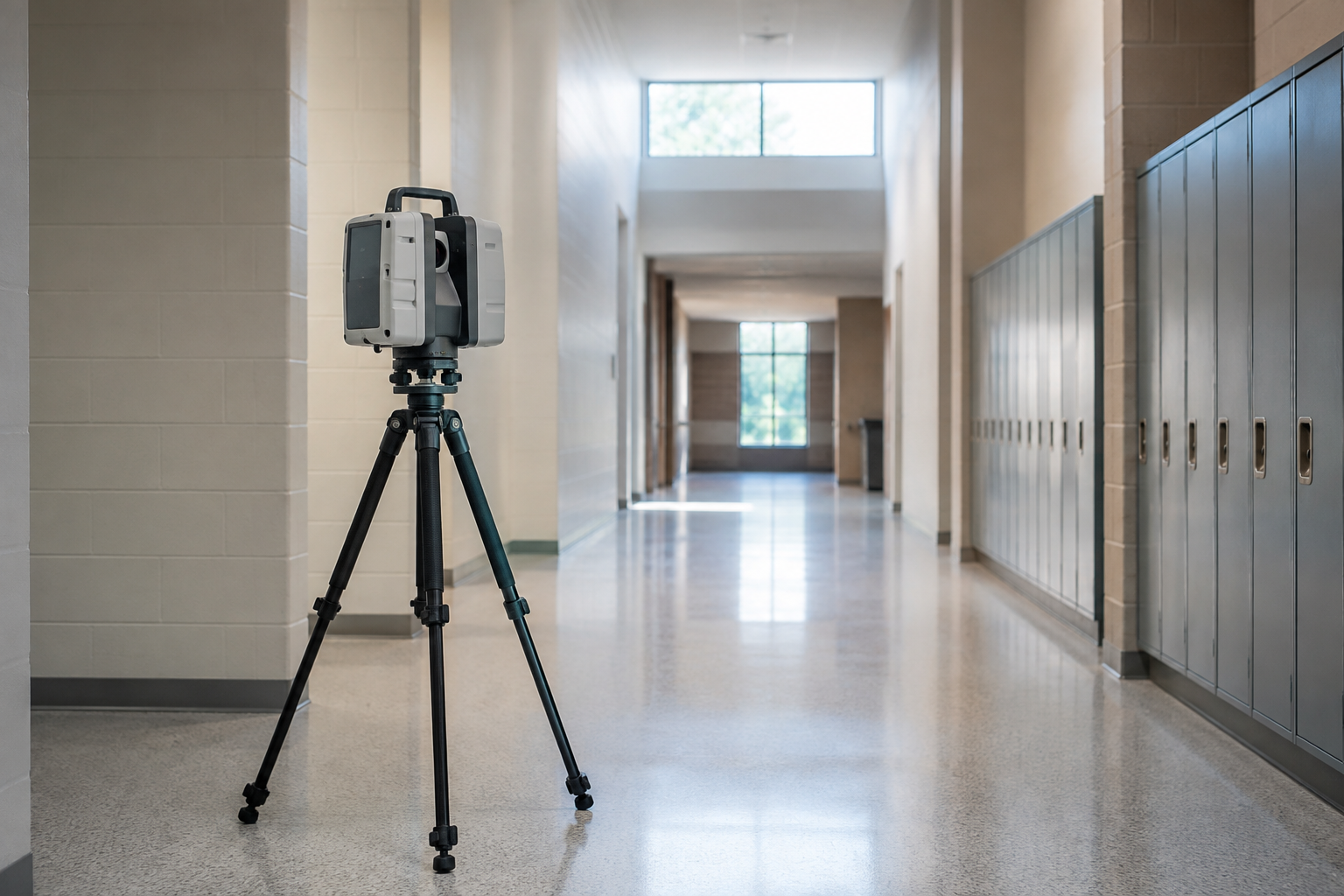 Laser scanner on a tripod capturing an empty school corridor - Ark Strategic, Inc.