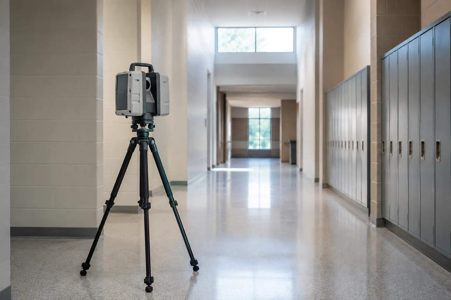 Laser scanner on a tripod capturing an empty school corridor - Ark Strategic, Inc.