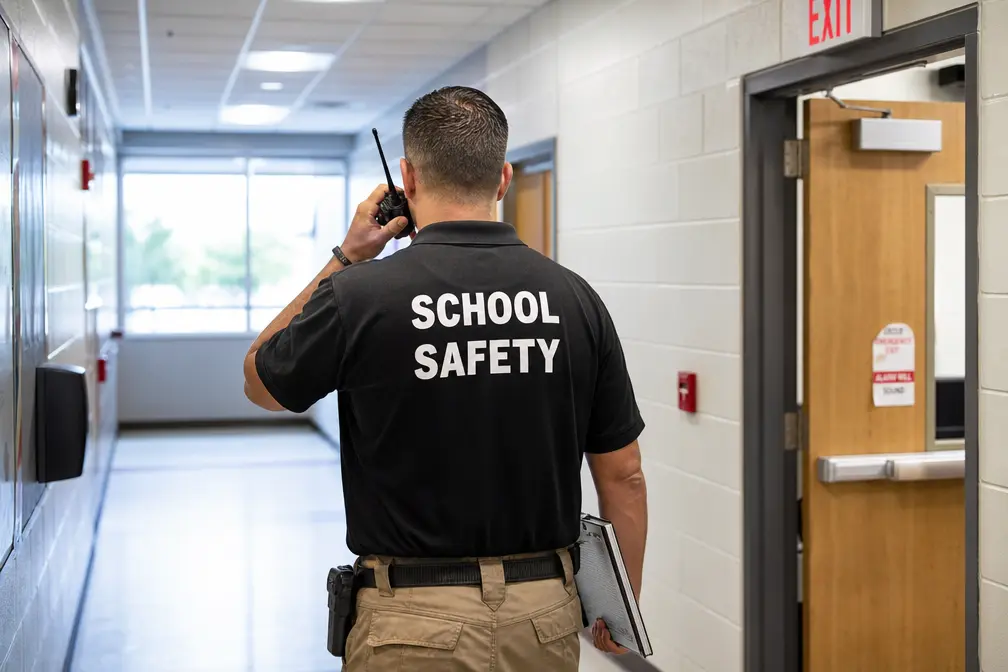 School safety coordinator speaking into a two-way radio while walking a school corridor - Ark Strategic, Inc.