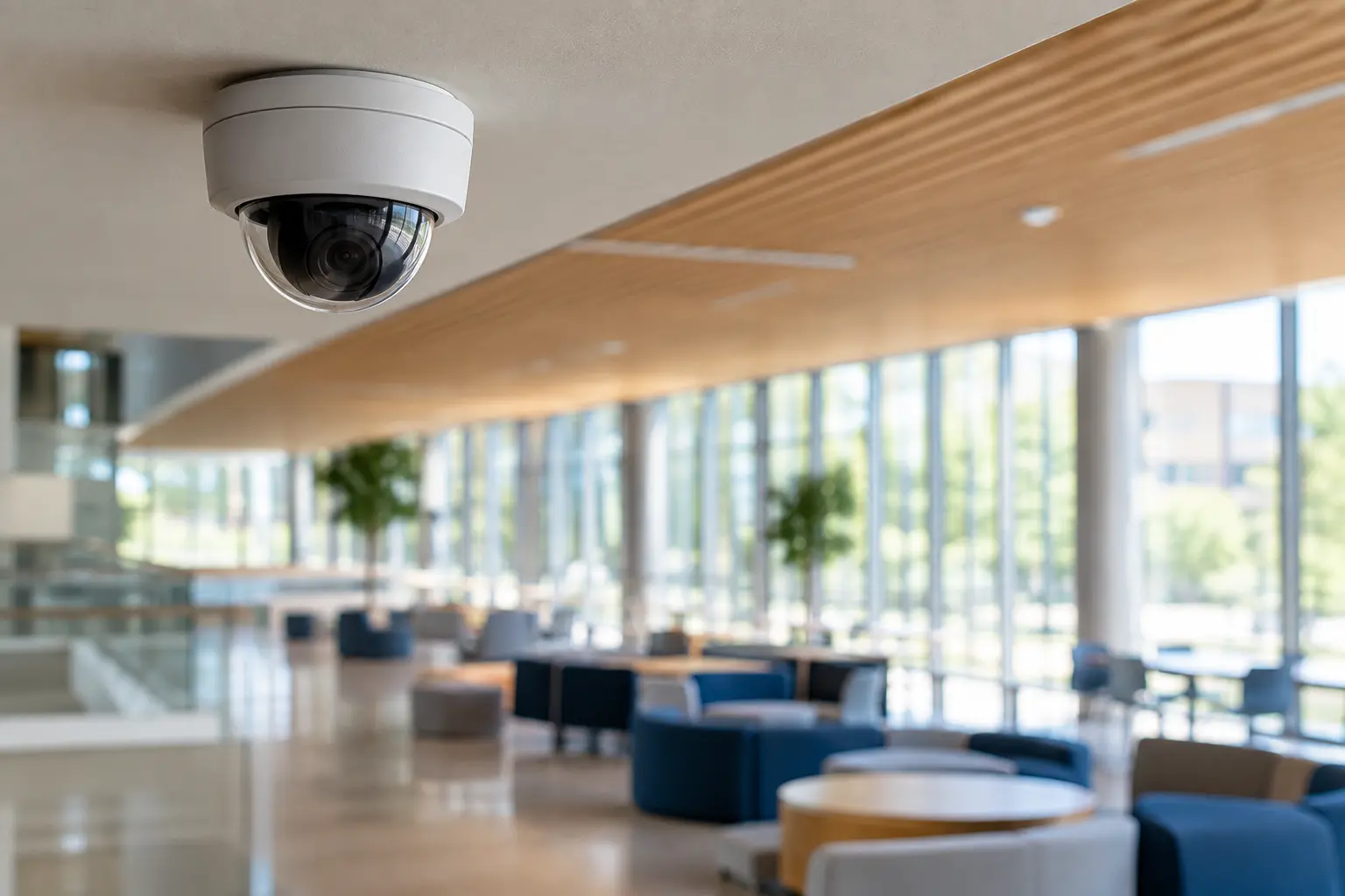 Ceiling-mounted dome camera overlooking a modern campus commons - Ark Strategic, Inc.