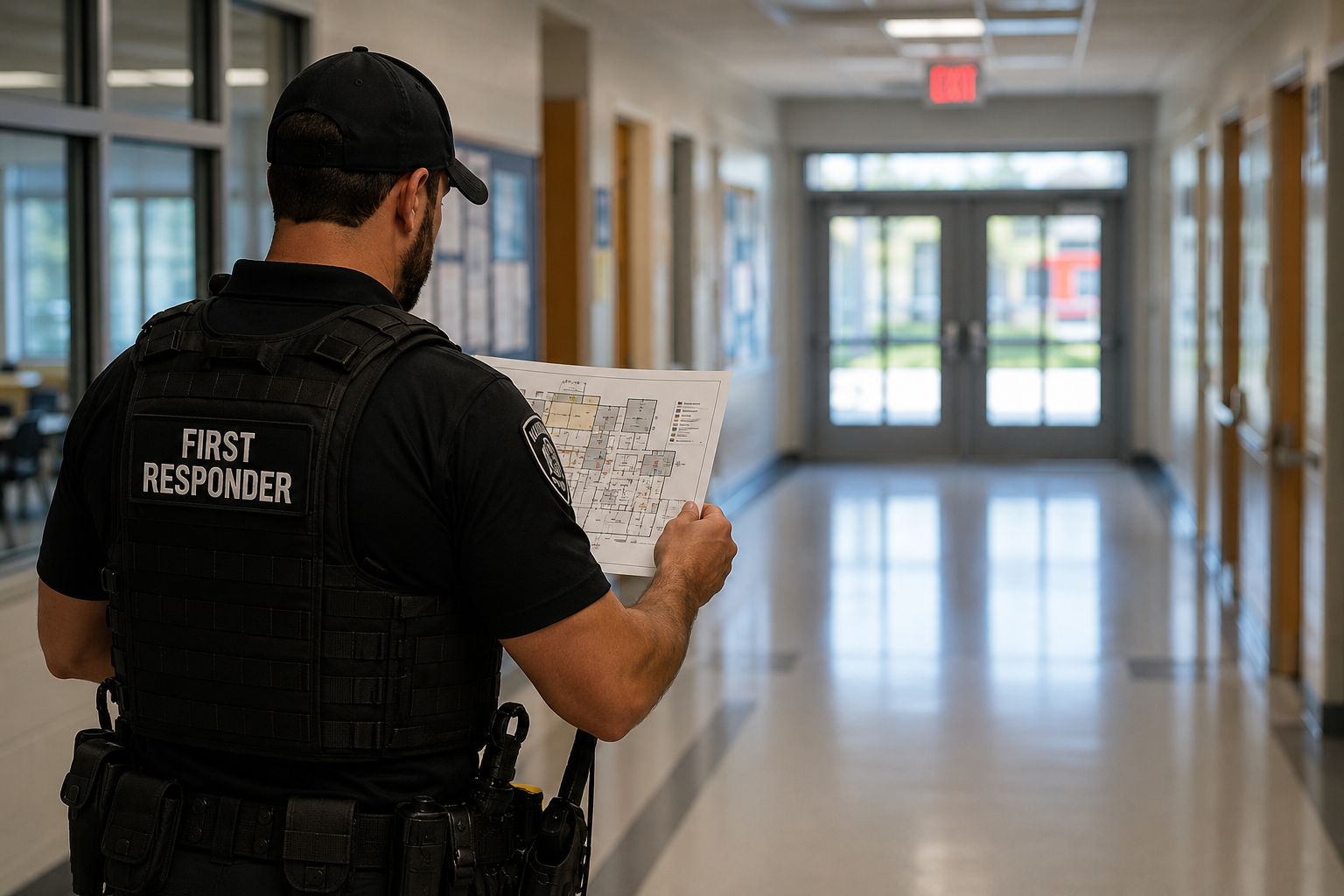 First responder in tactical gear walking through a school corridor, reviewing - Ark Strategic, Inc.