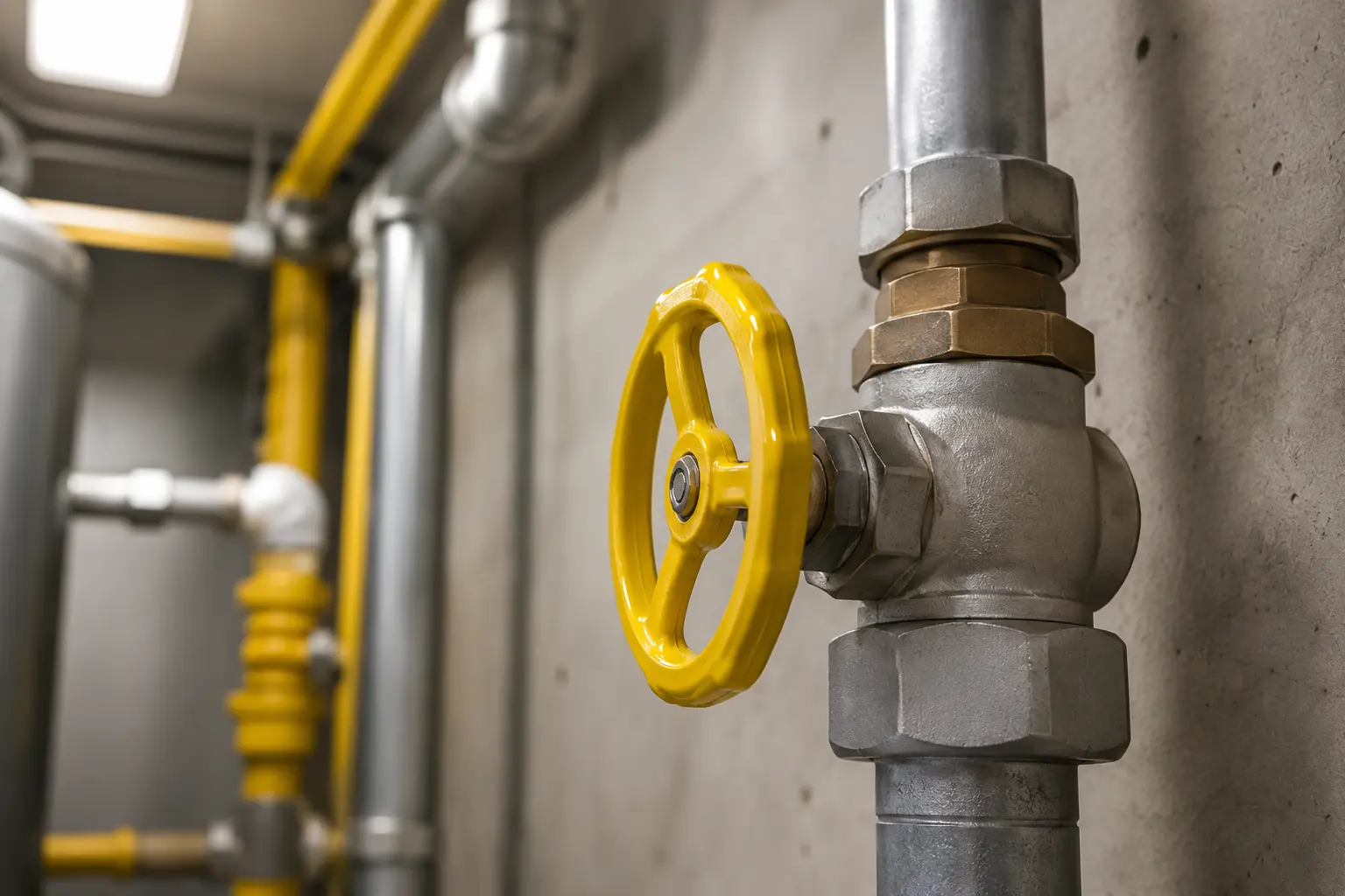 Gas shutoff valve on pipework in a building mechanical room - Ark Strategic, Inc.