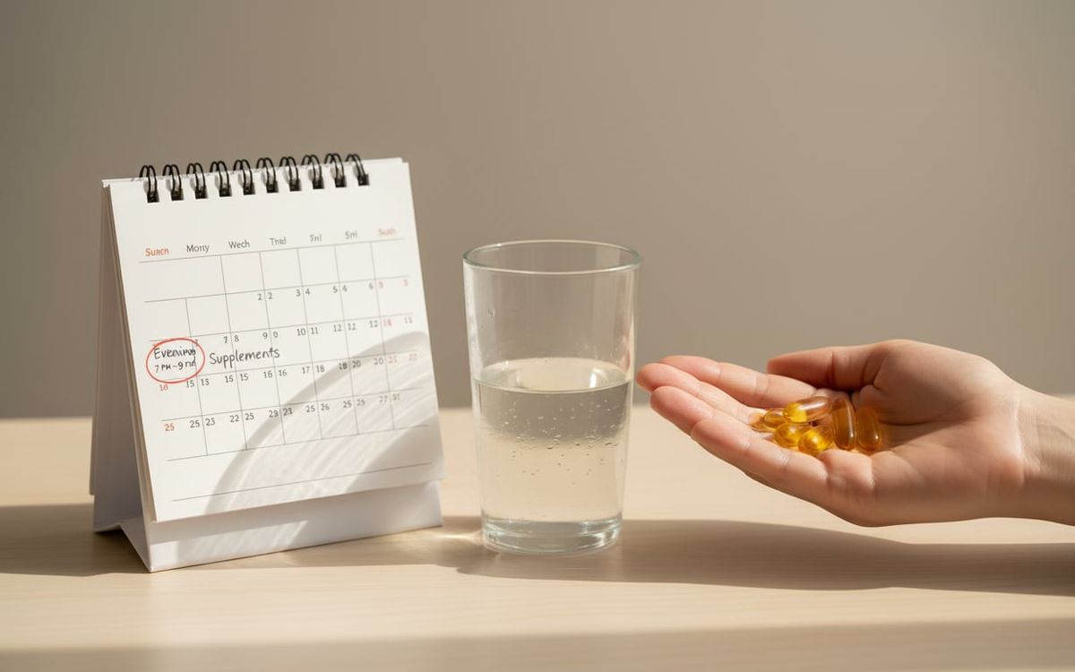 4. Cum se administreaza valeriana (persoana care tine capsule in mana, calendar cu momentele din zi de suplimentare, pahar cu apa)