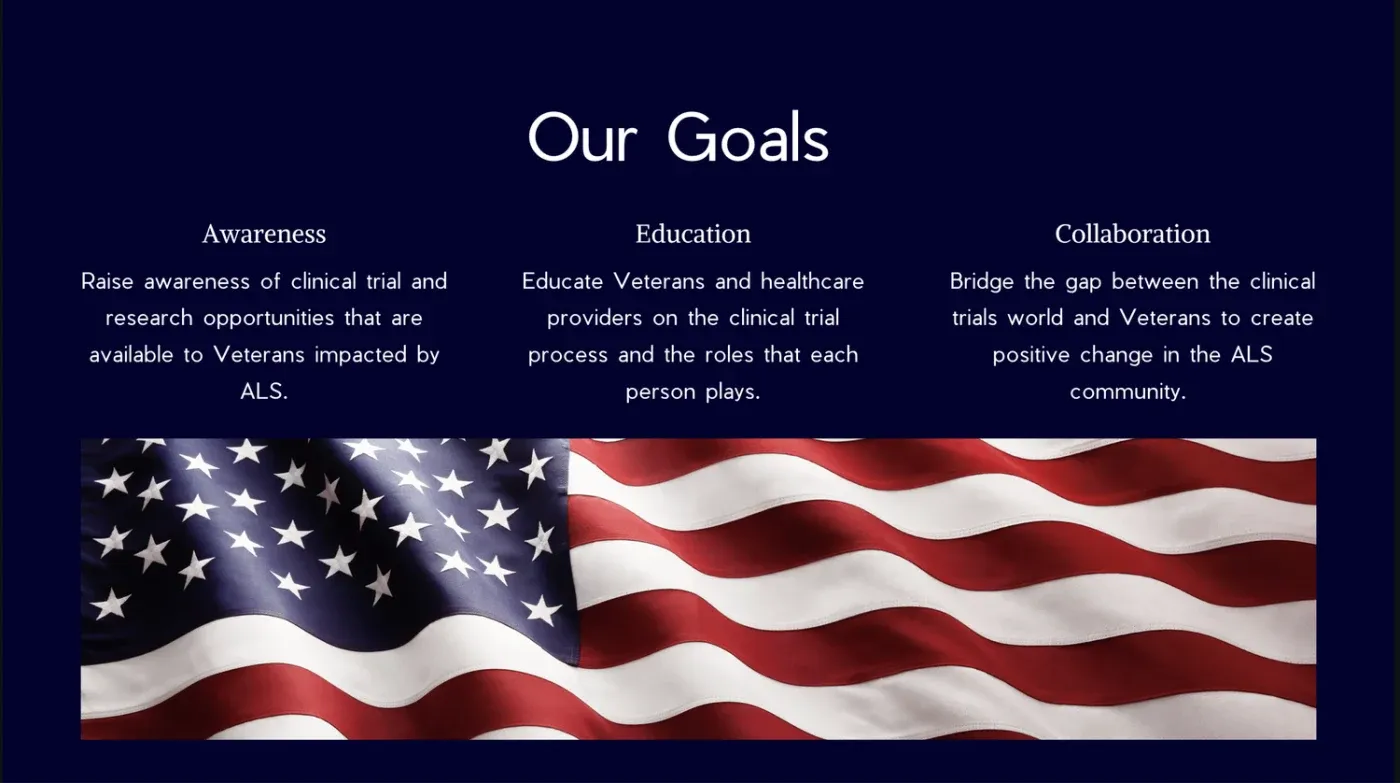 Slide: Our Goals. Awareness, Education and Collaboration, over an American flag.