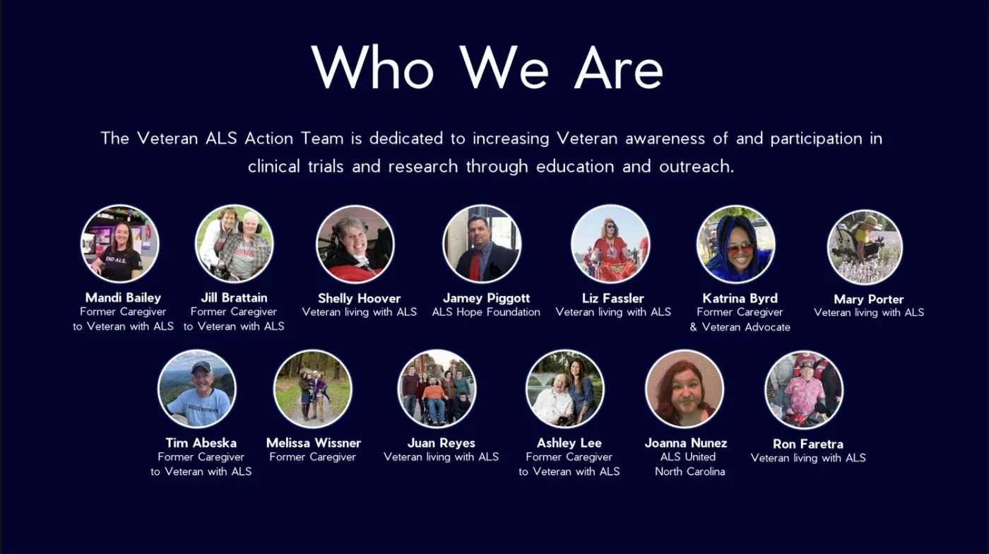 Slide: Who We Are. The Veteran ALS Action Team is dedicated to increasing Veteran awareness of and participation in clinical trials and research, with photos of its 13 members: Veterans living with ALS, former caregivers and foundation staff.