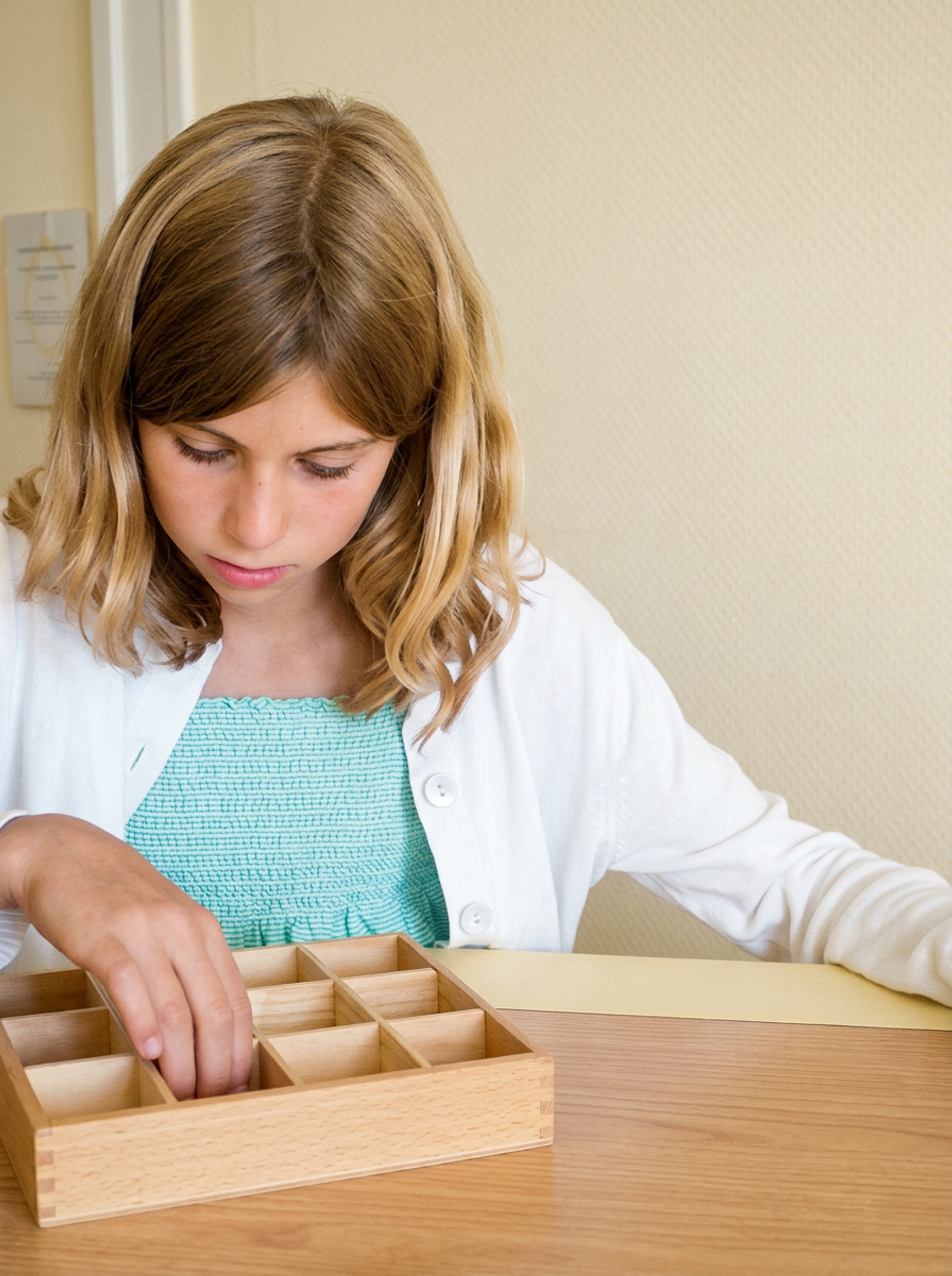 Mädchen sortiert Buchstaben in einen Setzkasten