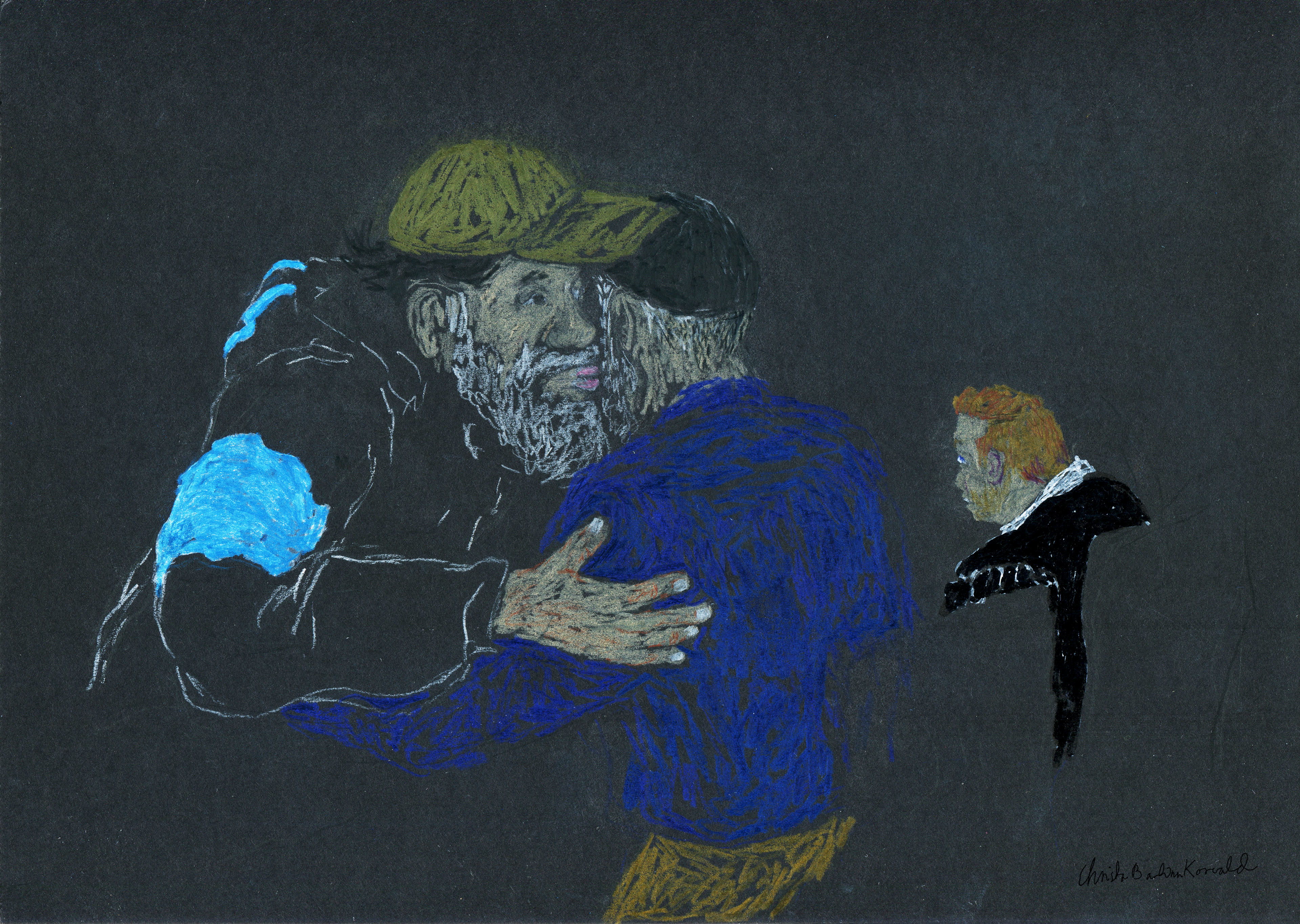 En rettstegning viser omfavnelsen mellom Arfan Bhatti og Zaniar Matapour. En av Matapours advokater ses i bakgrunnen.