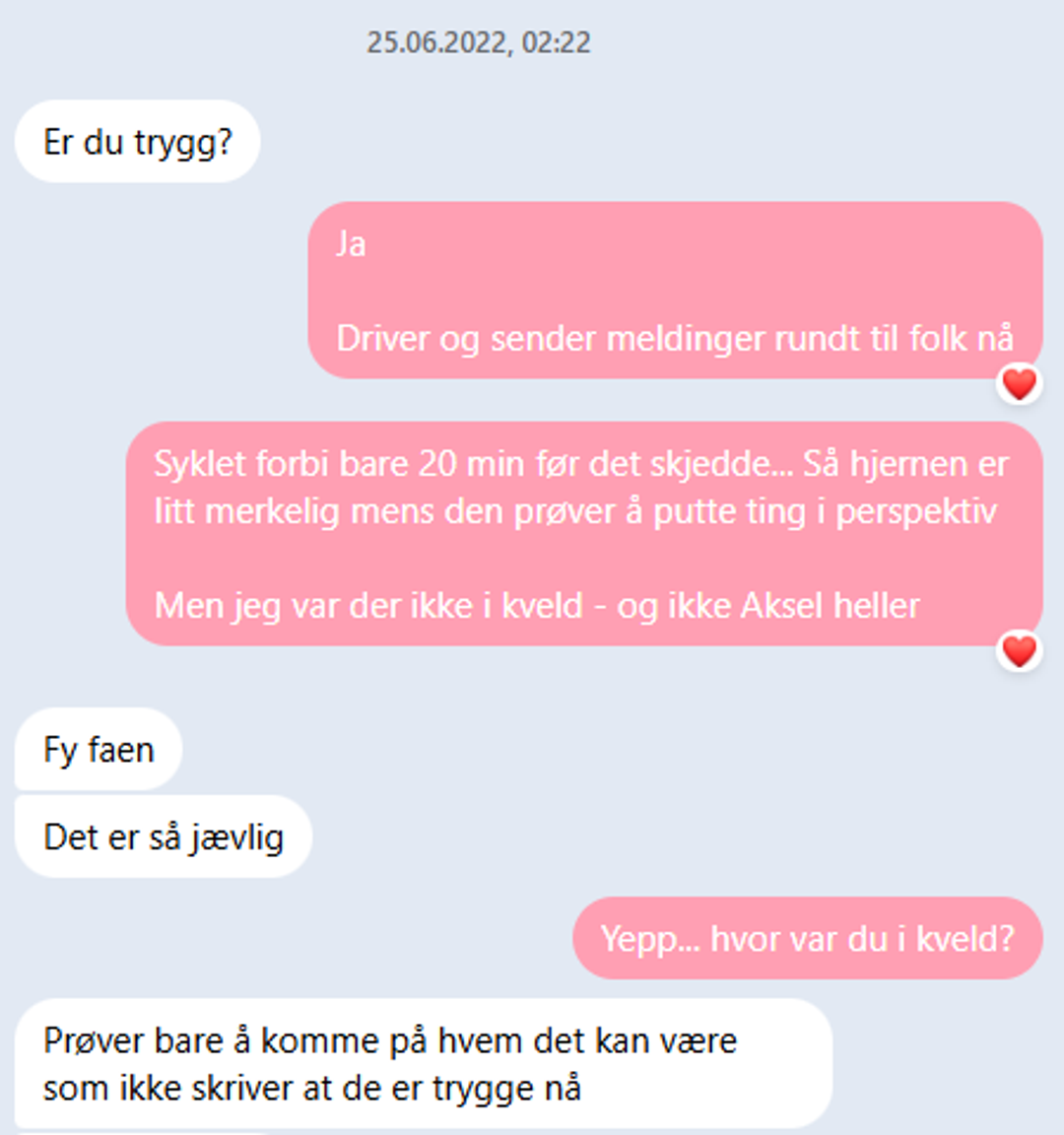 Skjermbilde av en meldingsutveksling mellom to som spør hverandre om de er trygge.